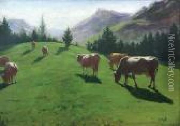 Krowy Oil Painting - Mieczyslaw Reyzner