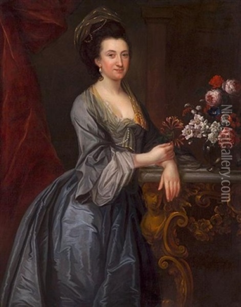 A Portrait Of A Lady, Three-quarter Length, In A Blue Dress With A Floral Still Life Oil Painting - John Michael Williams