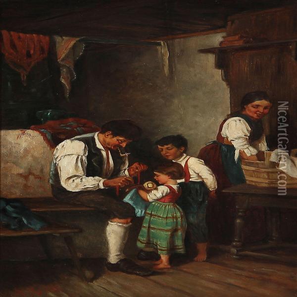 Two Peasant Interiors Oil Painting - R. Krall