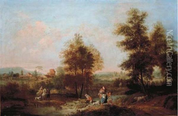 An Extensive Italianate Landscape With Peasants And Cattle Crossing A River Oil Painting - Francesco Zuccarelli