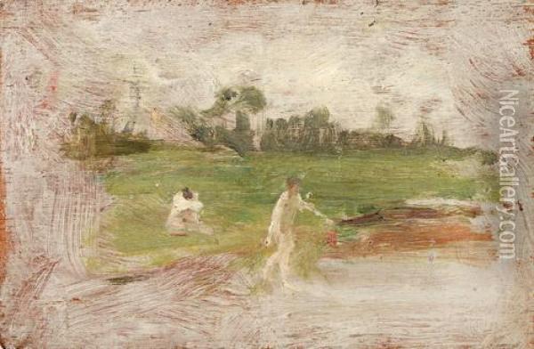 Sketch Of Two Nudes Boys In A Landscape Oil Painting - Henry Scott Tuke