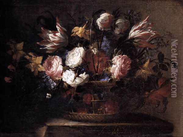 Still-Life with a Basket of Flowers 1650 Oil Painting - Juan De Arellano