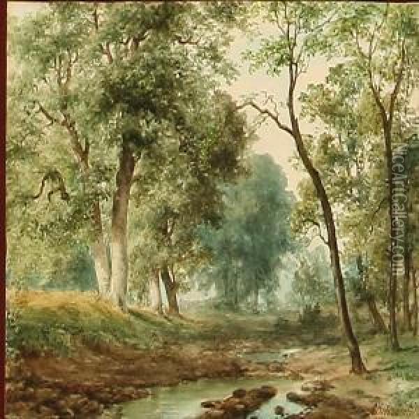 Forest Scene With A Stream Oil Painting - Axel Thorsen Schovelin