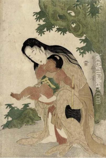Yamauba Holding Kintaro Clasping An Ax Oil Painting - Kitagawa Utamaro
