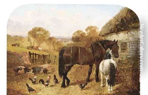 Horses, pigs and chickens in a farmyard Oil Painting - John Frederick Herring Snr