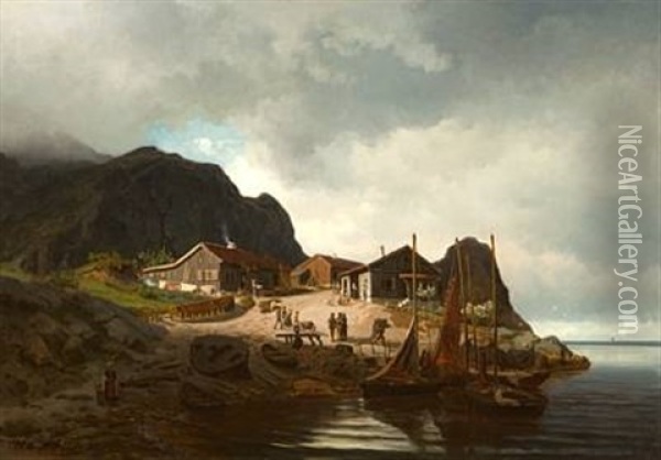 Kystmiljo Med Fiskere Oil Painting - Reinholdt Fredrik Boll