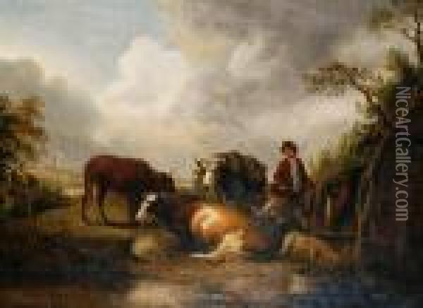 A Farmyard Scene Oil Painting - George Morland