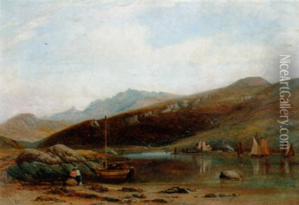 Figures On The Shore Of Loch Ranza, The Isle Of Arran Oil Painting - Thomas R. Williams