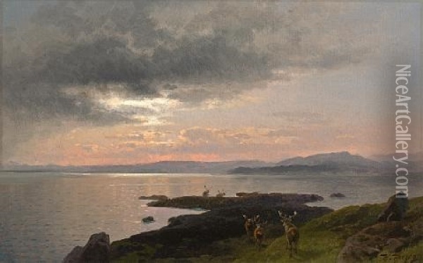 Twighlight Over A Lake Oil Painting - Hermann Herzog