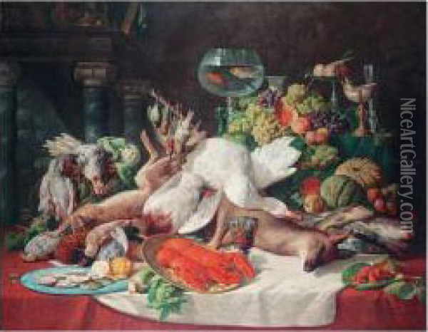 Still Life Of Dead Game, A Deer, Hare, Fish, A Lobster, Fruit And Vegetables By A Fireplace Oil Painting - Lucas Schaefels