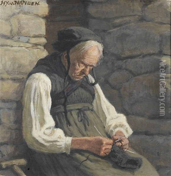 Alte Bauerin Beim Stricken Oil Painting - Henri Van Muyden