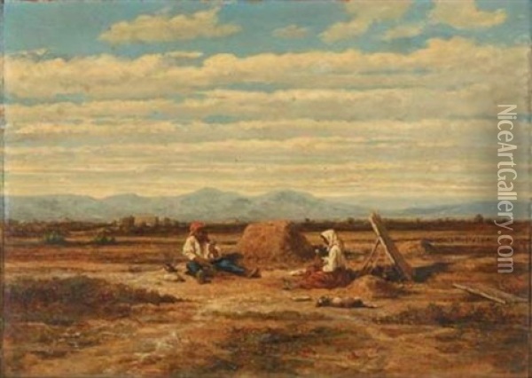 Paysans Pilant Le Grain Oil Painting - Emile (Charles Joseph) Loubon