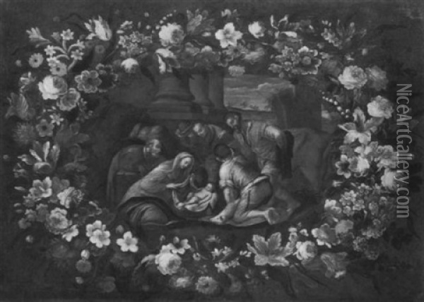 Blumenguirlande Um Eine Anbetung Der Hirten Oil Painting - Mario Nuzzi