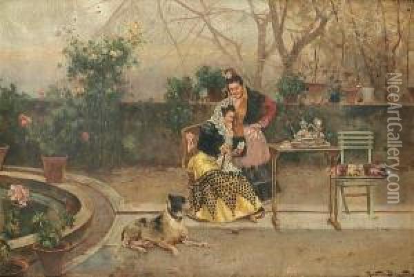 Tea In The Garden Oil Painting - Ricardo Brugada y Panizo