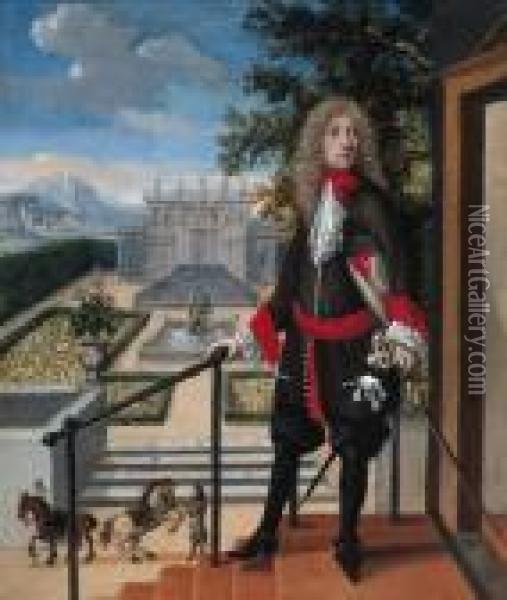 A Nobleman, Standing Small Full Length On A Balcony Oil Painting - Abraham Van Der Weerdt