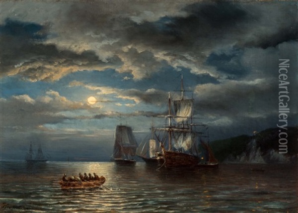 Ships At Anchor Under The Moonlight Oil Painting - Jan Theodoor Kruseman