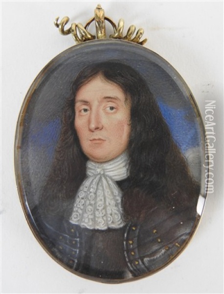 Portrait Miniature Of A Gentleman Wearing Silver Armour With Gilt Studs Oil Painting - David Des Granges