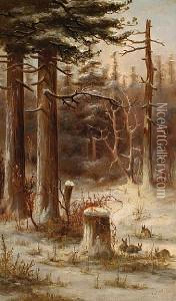 Rabbits In The Snow Oil Painting - Meyer Straus
