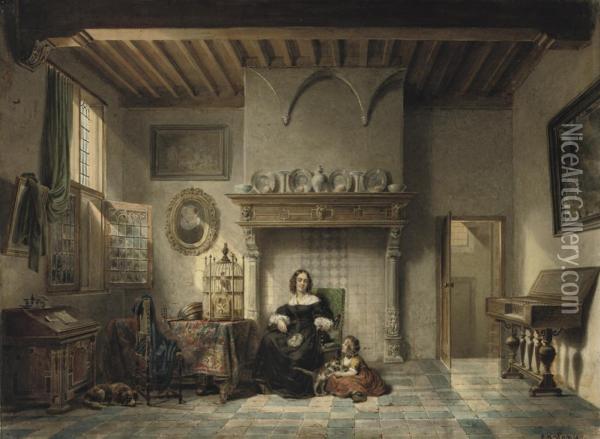 An Afternoon In A Dutch Interior Oil Painting - Lambertus Johannes Hansen