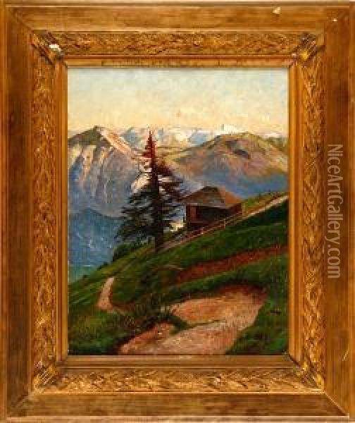 An Alp Scenery With A House And A Spruce. Signed Oil Painting - Olof Krumlinde