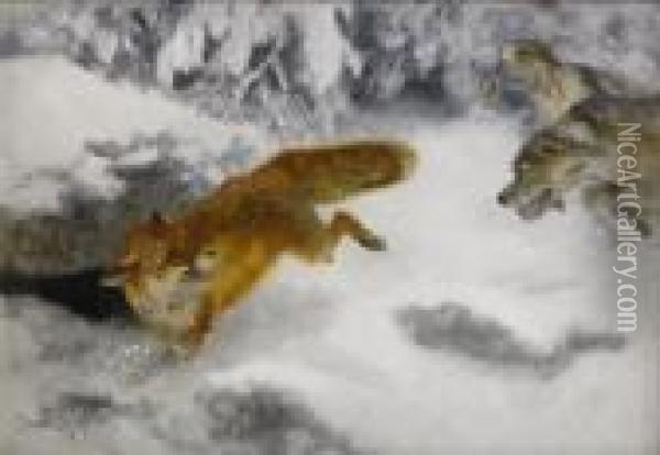 Vinterlandskap Med Hundar Och Rav Oil Painting - Bruno Andreas Liljefors
