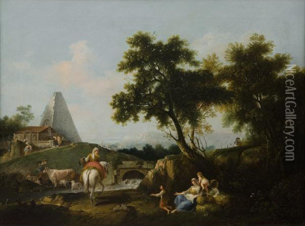Paesaggio Fluviale Con Alberi, Piramide E Figure Oil Painting - Giuseppe Bernardino Bison