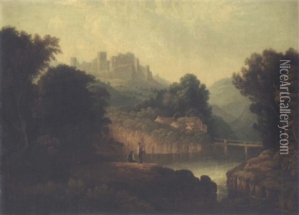 A River Landscape With Fishermen In The Foreground And A Ruined Castle On A Hill Beyond Oil Painting - Thomas Walmsley