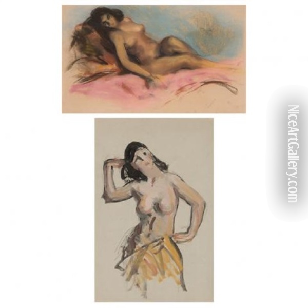 (i) Reclining Nude, Hawaiian (ii) Standing Female Study Oil Painting - Robert Henri