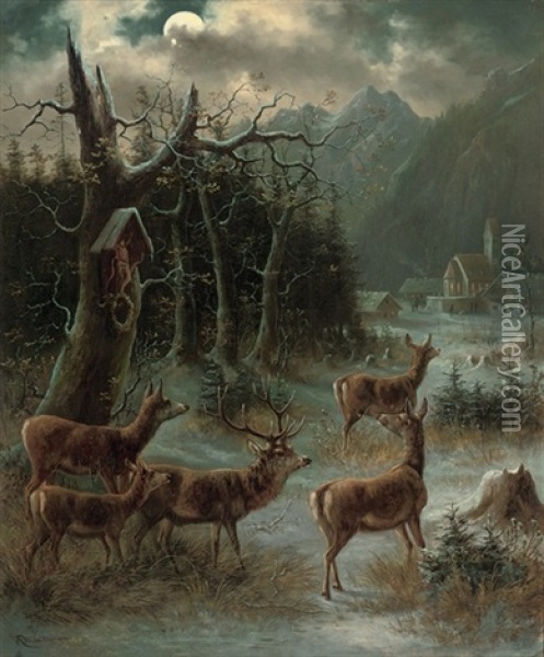 Deer Before An Alpine Village On A Christmas Night Oil Painting - Moritz Mueller the Elder