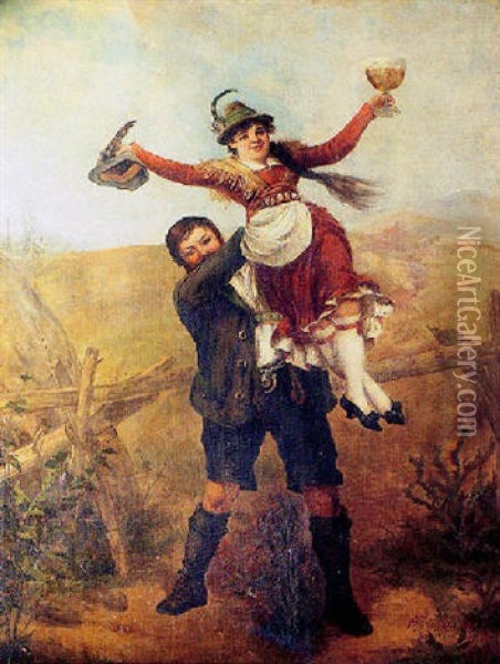 Young Man Holding A Young Woman On His Shoulder In Celebration Oil Painting - Franz Xaver Mayer