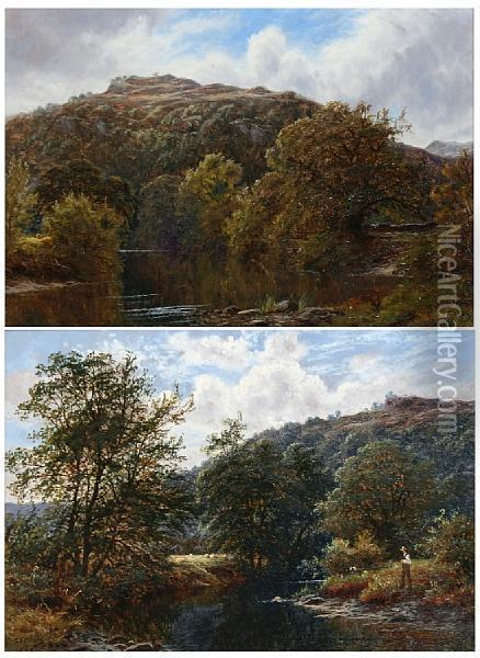 A Wooded River Landscape With Fisherman, And Another, A Pair Oil Painting - Thomas Spinks