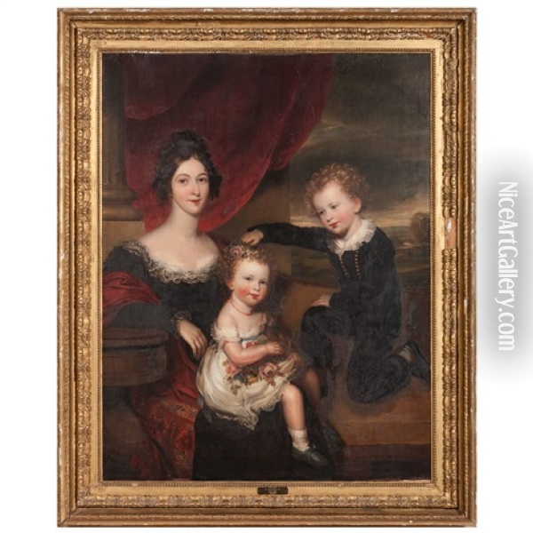 Portrait Of Mrs. Dorothy Prideaux Sawle And Her Two Children Charles And Mary Oil Painting - Thomas Barber