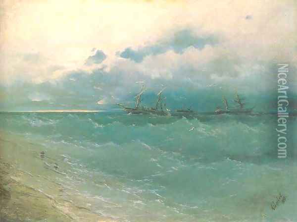 The ships on rough sea sunrise Oil Painting - Ivan Konstantinovich Aivazovsky