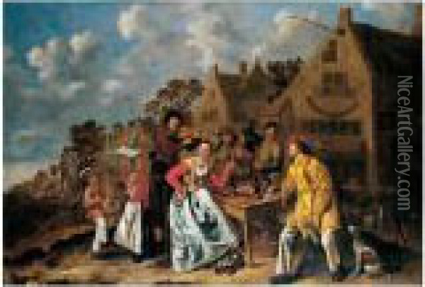 Peasants Feasting And Playing Music Outside A Tavern Oil Painting - Jan Miense Molenaer
