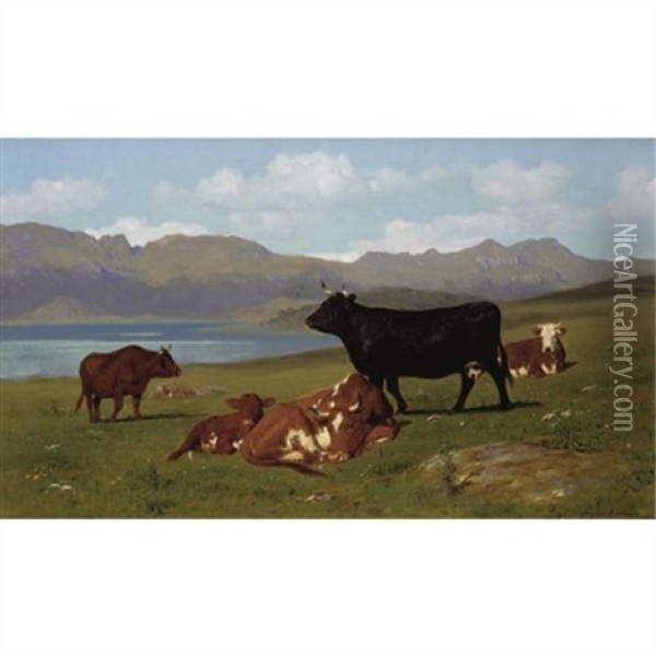 Cattle Grazing On A Hillside With A Lake In The Near Distance Oil Painting - Auguste (Francois Auguste) Bonheur