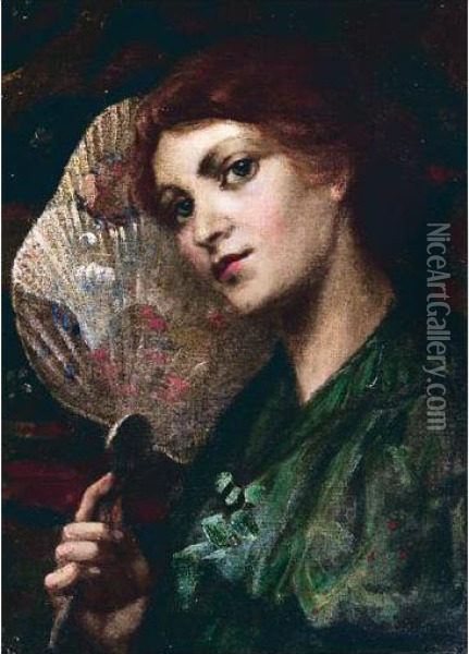 Young Woman Holding A Japanese Fan Oil Painting - Hugh Allan