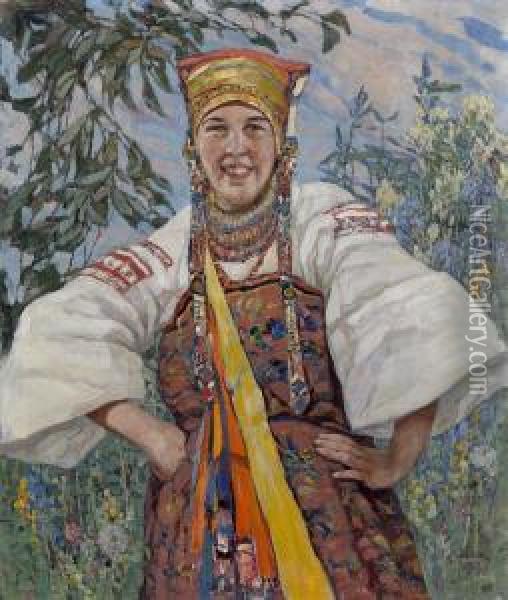 Young Woman In Traditional Ukrainian Costume Oil Painting - Konstantin Semionov. Vysotsky