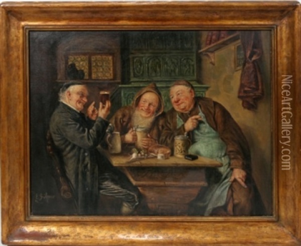 Three Men In A Pub Oil Painting - Eduard von Gruetzner