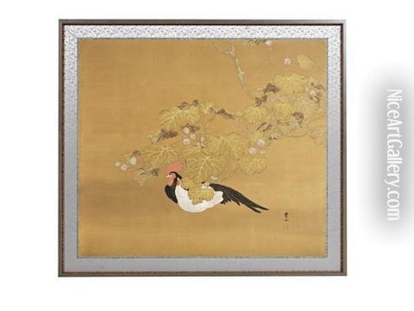 Decorated With A Cockerel And Hen Partly Covered Beneath Over-arching Large Fruiting Foilage, The Veins Of The Leaves Delicately Picked Out In Gold Oil Painting - Kimura Buzan