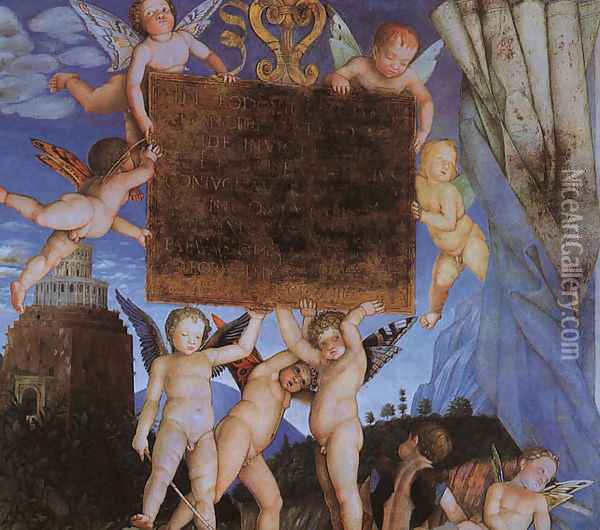 Camera degli Sposi, detail featuring Putti Holding Dedicatory Tablet Oil Painting - Andrea Mantegna