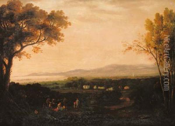 An Panoramic View Of Dublin With
 Peasants And Animals In Theforeground Before Aldborough House, In The 
Distance The Towers Andsteeples Of Dublin And The Sugar Loaf Beyond Oil Painting - John Henry Campbell