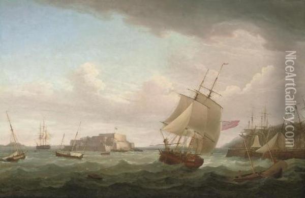 A Merchantman And Other Vessels Off Castle Cornet, Guernsey Oil Painting - Thomas Whitcombe