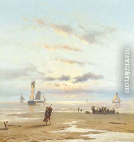 Sunset at Scheveningen beach Oil Painting - Johannes Hermanus Koekkoek