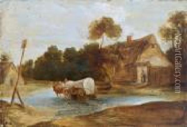 Ansicht Einesbauernhauses Mit Einem Den Fluss Passierenden Pferdewagen Oil Painting - Esaias Van De Velde