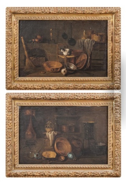 Interieur De Cuisine Avec Un Chat Et Interieur De Cuisine Avec Un Poele (pair) Oil Painting - Giovanni Domenico Valentino