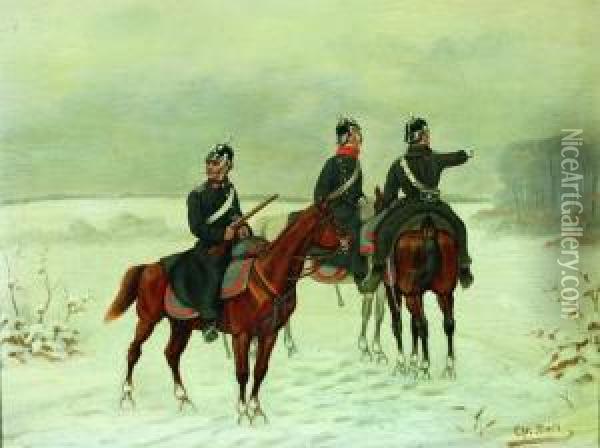 Drei Berittene Soldaten In Einer Winterlandschaft. Oil Painting - Christian I Sell