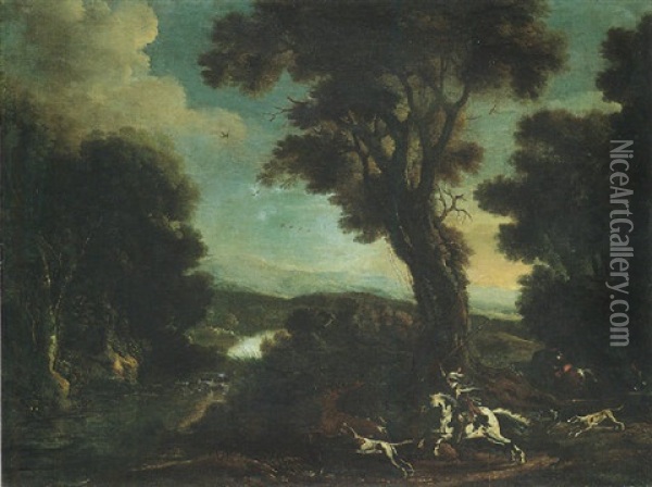 An Extensive River Landscape With Horsemen And Their Hounds Hunting A Stag Oil Painting - Michelangelo Cerquozzi