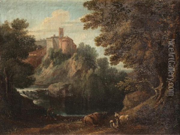 An Italianate Landscape With Figures Fishing Oil Painting - Paolo Anesi