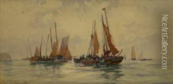 The Herring Fleet Off Scarborough Oil Painting - Albert George Strange