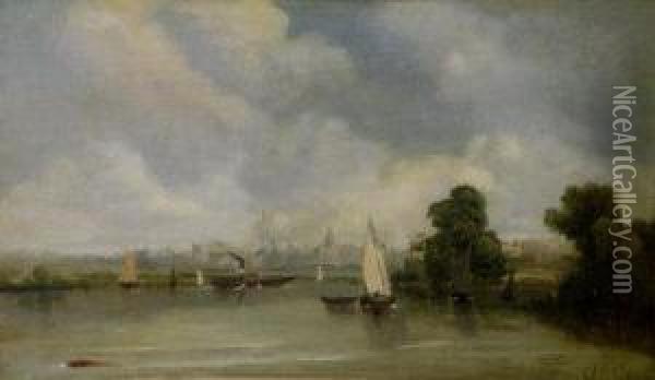 A Paddle Steamer And Sailing Boats In An Estuary With Distant Town Beyond Oil Painting - A.H. Vickers